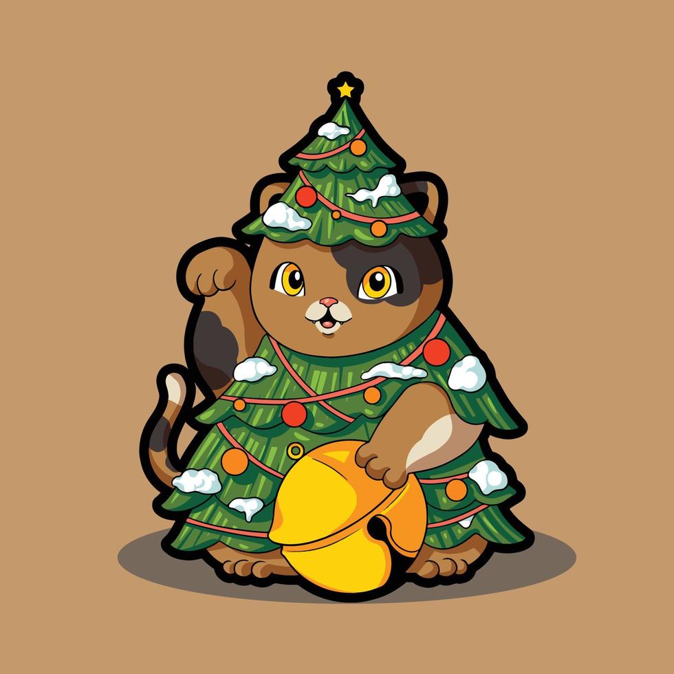 lindo, gato, árbol de navidad, caricatura vector