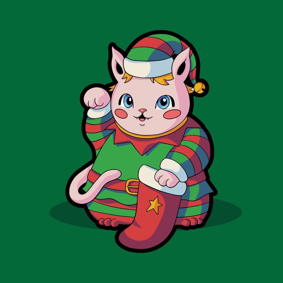 Elf Cat Christmas Cute Cartoon vector