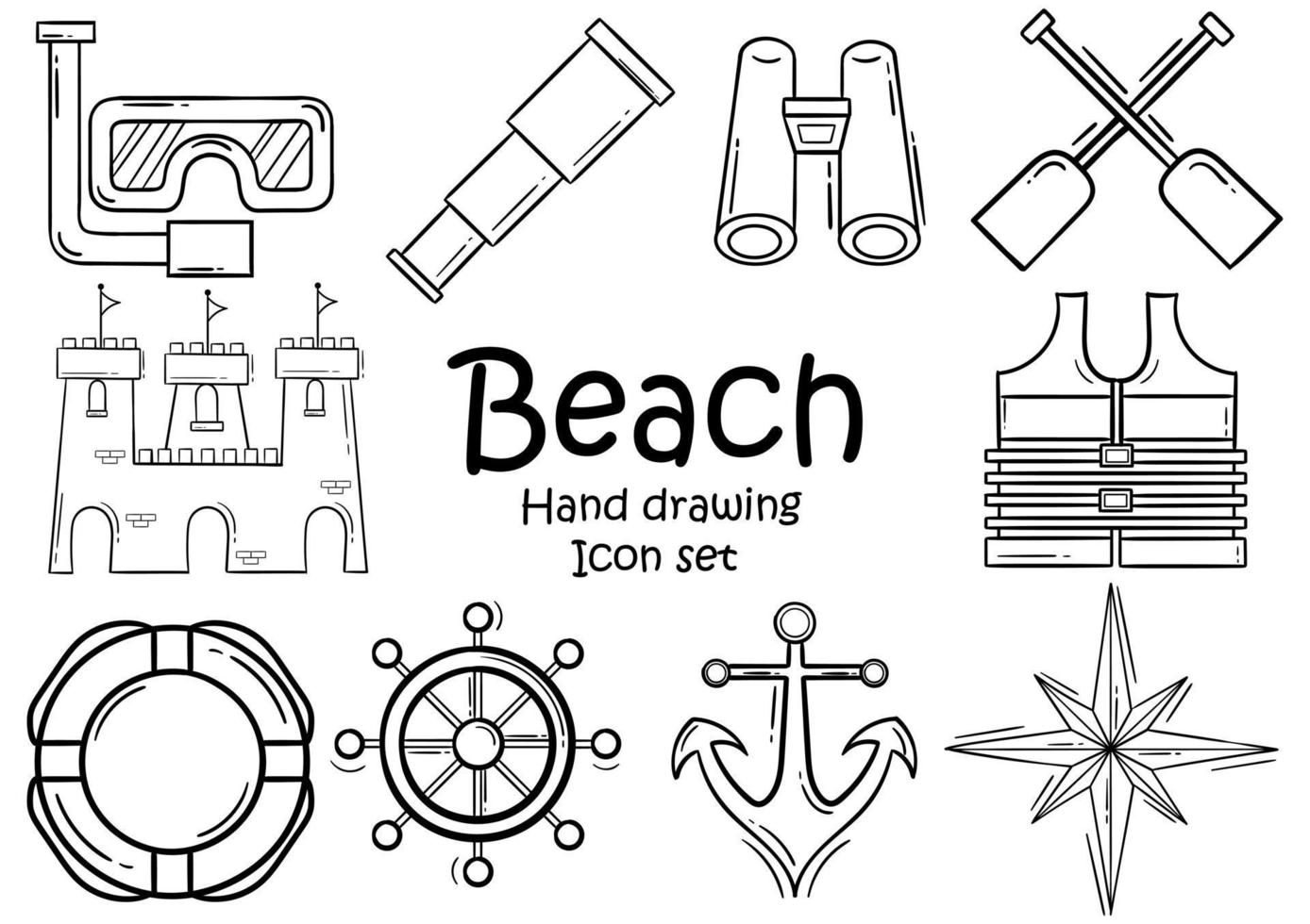 hand drawn icon set about sea or beach vector