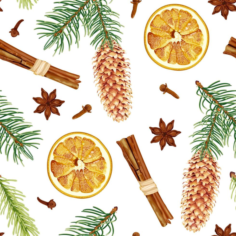 Christmas and New Year seamless pattern with fir branches, pine cones, cinnamon, dried oranges, anise stars, and cloves. Christmas decoration. Stock vector illustration on a white background.