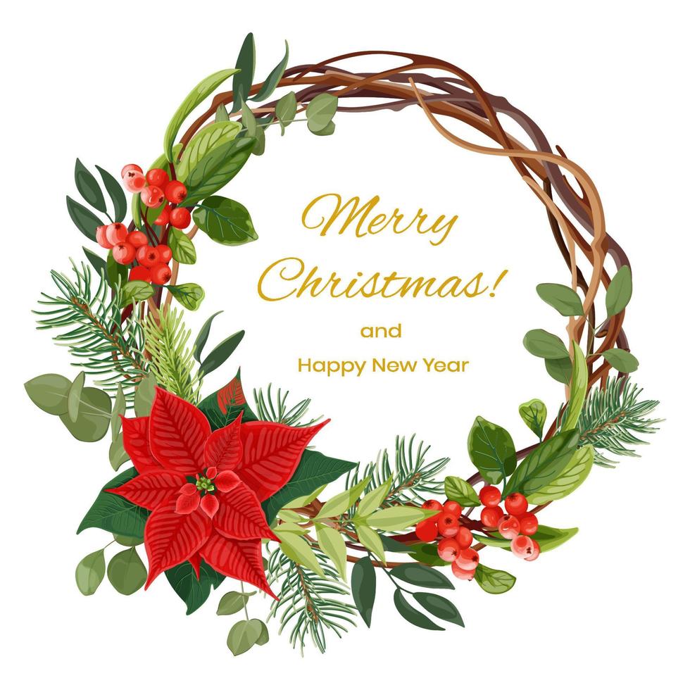Christmas wreath with red Christmas flower Poinsettia, branches of eucalyptus, spruce, and red berries. New Year's botanical decor. Invitation, greeting card, banner on a white background. vector