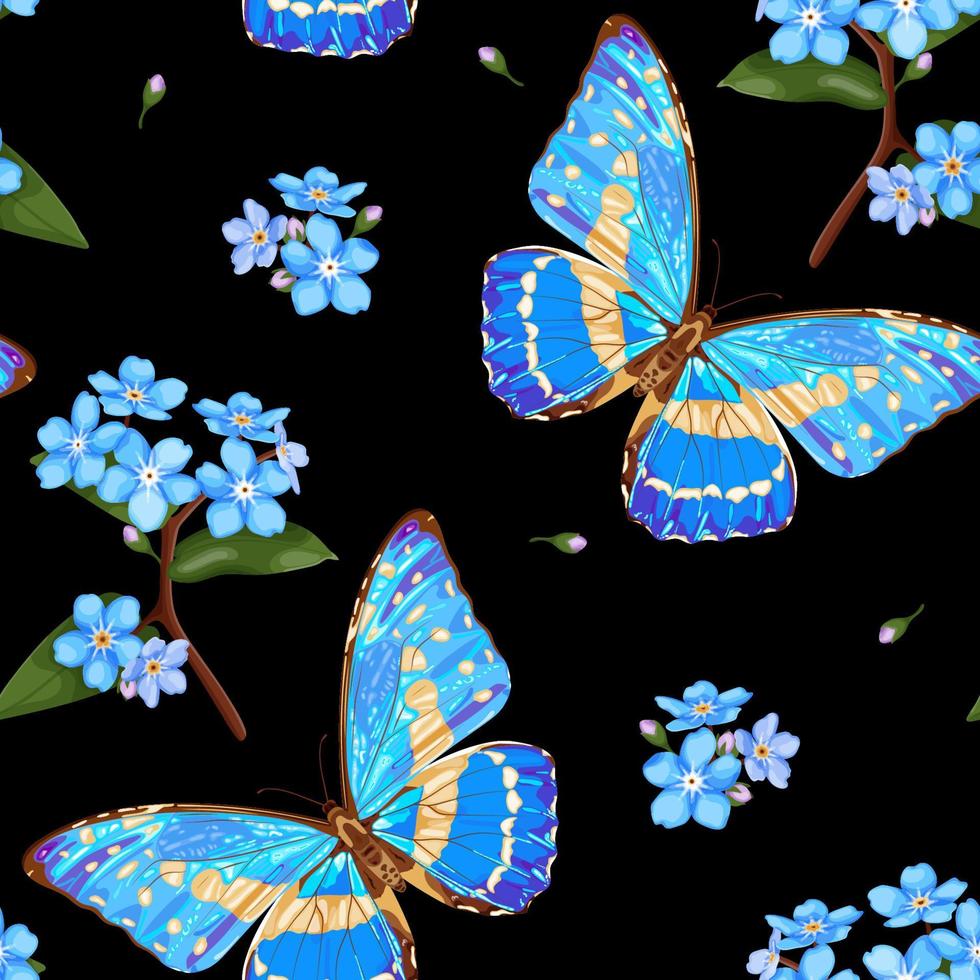 nomeolvides flores y mariposas. patrón floral transparente con mariposa azul neón y flores nomeolvides, myosotis sobre un fondo negro. ilustración vectorial de stock. vector