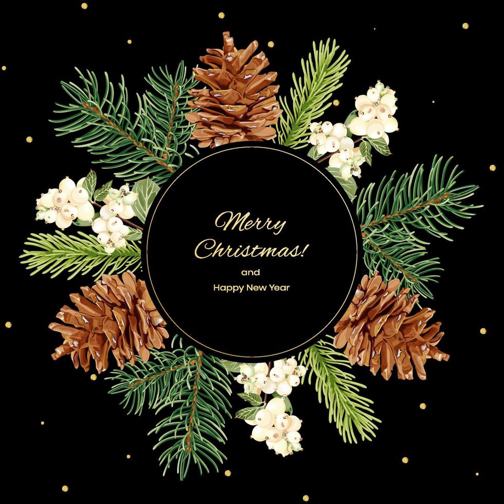 tarjeta de felicitación de navidad o año nuevo. banner con ramas de abeto, snowberry, piñas y confeti dorado. Invitación de la fiesta de Navidad sobre fondo negro. ilustración vectorial de stock. vector