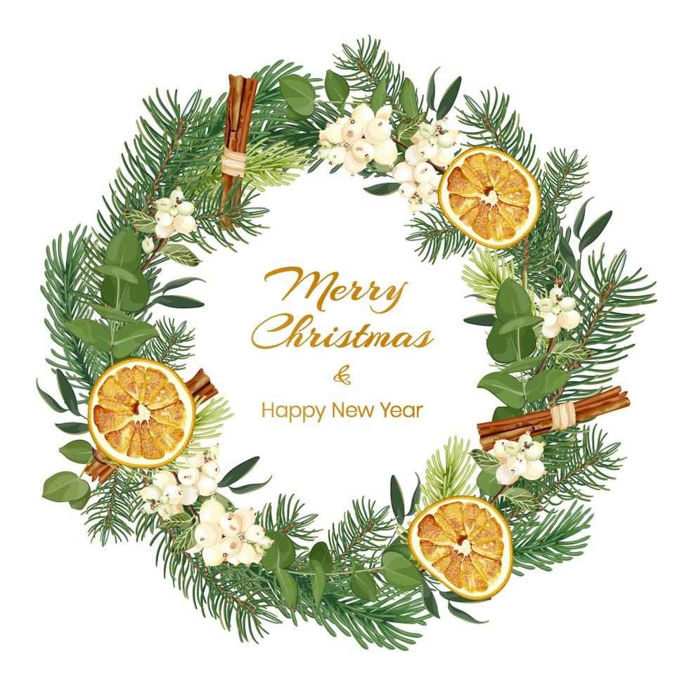 Christmas and New Year wreath with spruce branches, eucalyptus, snowberry, dried oranges and cinnamon. Holiday greeting card. Stock Vector illustration isolated on a white background.