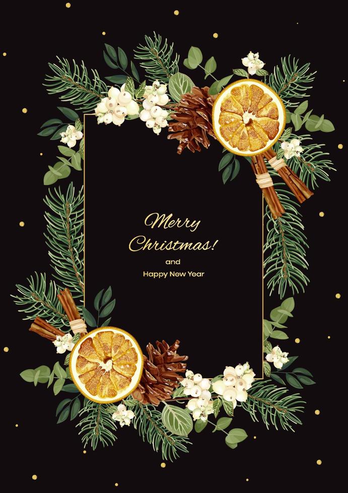 Christmas or New Year greeting card with spruce, snowberry, pine cones, dried slices of orange, cinnamon and golden confetti. Vertical invitation on a black background. Stock vector illustration.