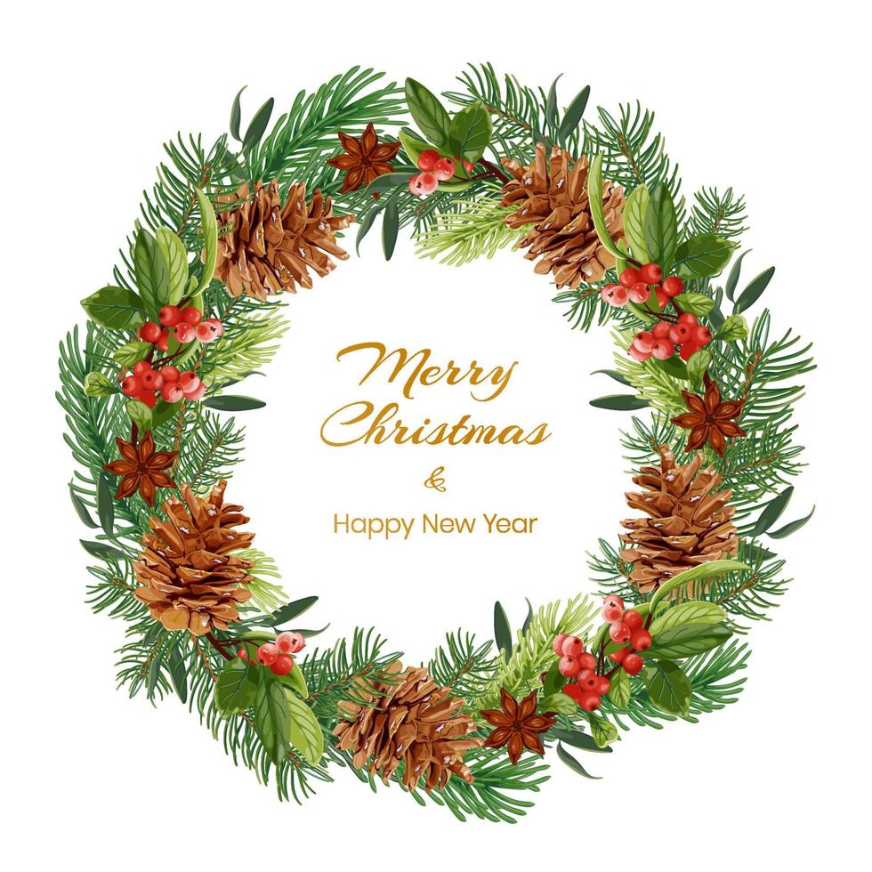 Christmas and New Year wreath with spruce branches, pine cones, red berries and anise stars. Holiday greeting card. Stock Vector illustration isolated on a white background.