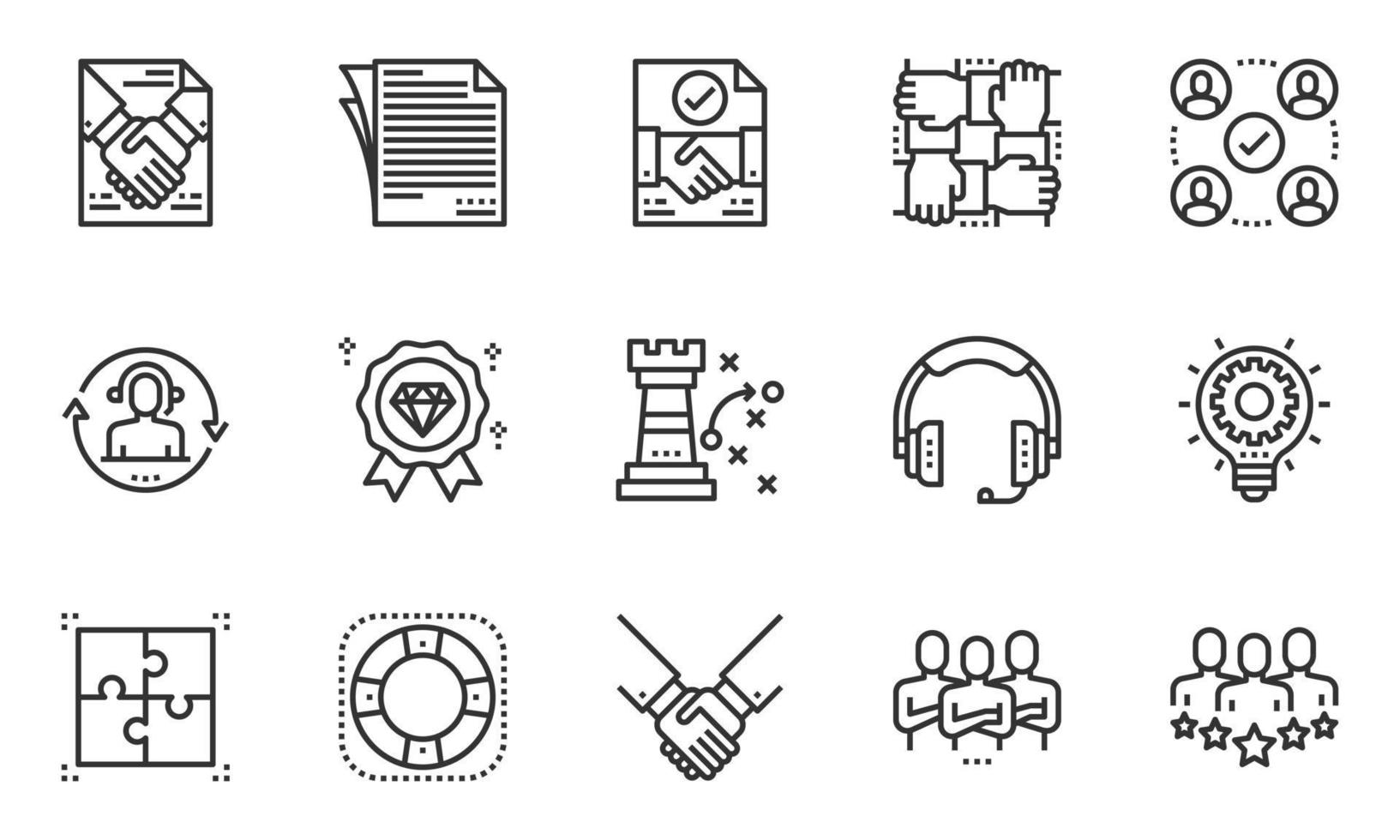 iconos de gestión de soluciones empresariales, trabajo en equipo, papel, soporte, vector