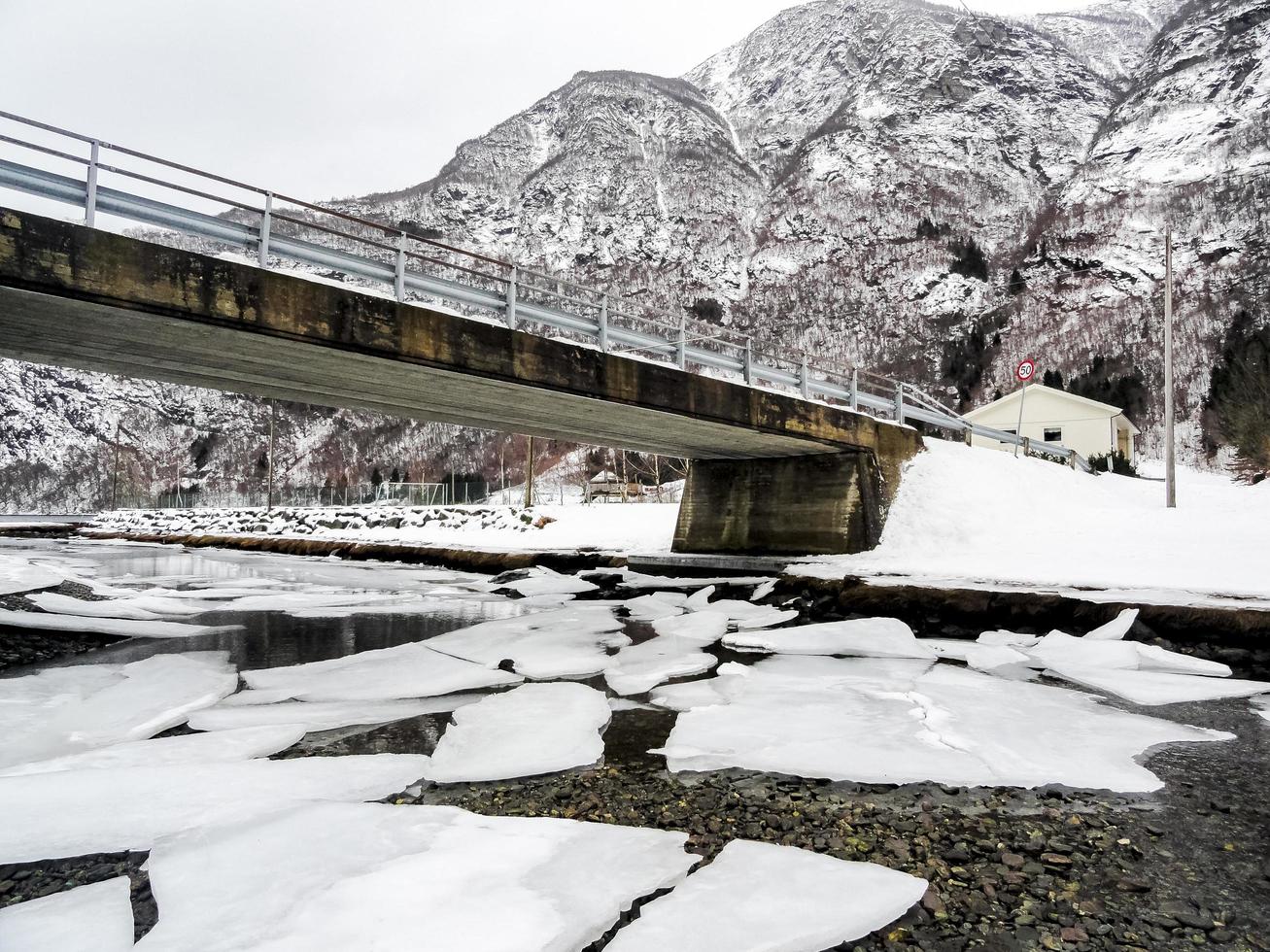 Winter landscape frozen river lake fjord, ice banks bridge, Norway. photo