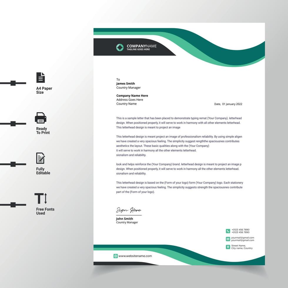 ola de negocios diseño de plantilla de membrete ilustración verde moderno membrete a4 completamente listo para imprimir y personalizable vector