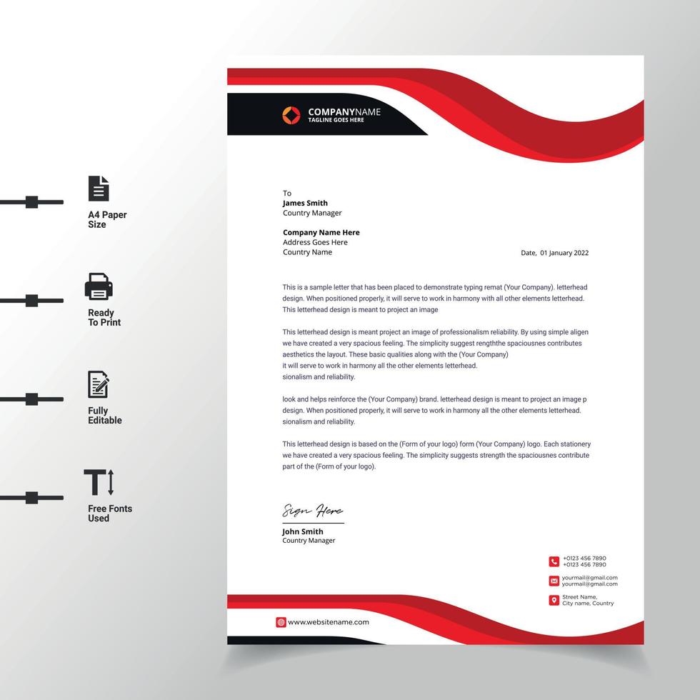 abstract business letterhead template red modern a4 letterhead fully print ready and customizable vector