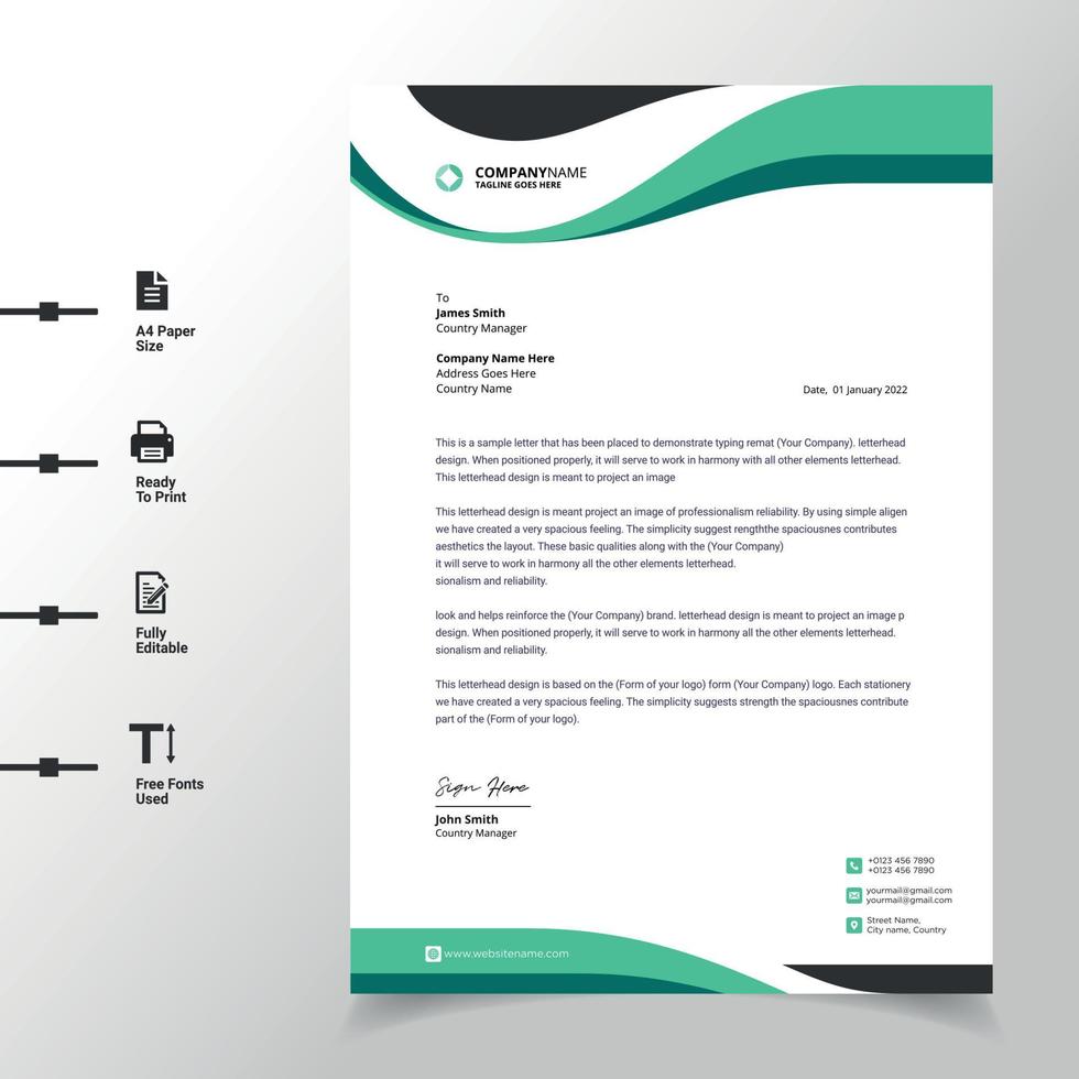 abstract business letterhead template green modern a4 letterhead fully print ready and customizable vector