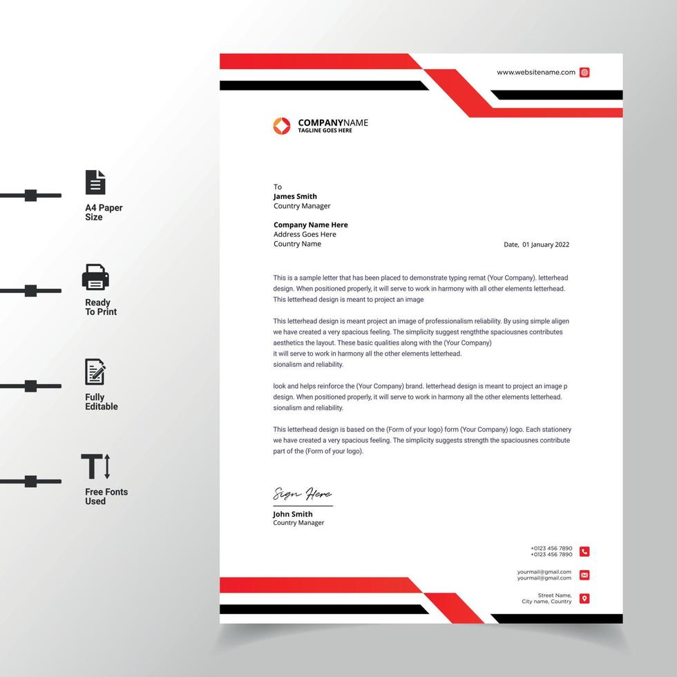 business wave letterhead template design illustration red modern a4 letterhead fully print ready and customizable vector