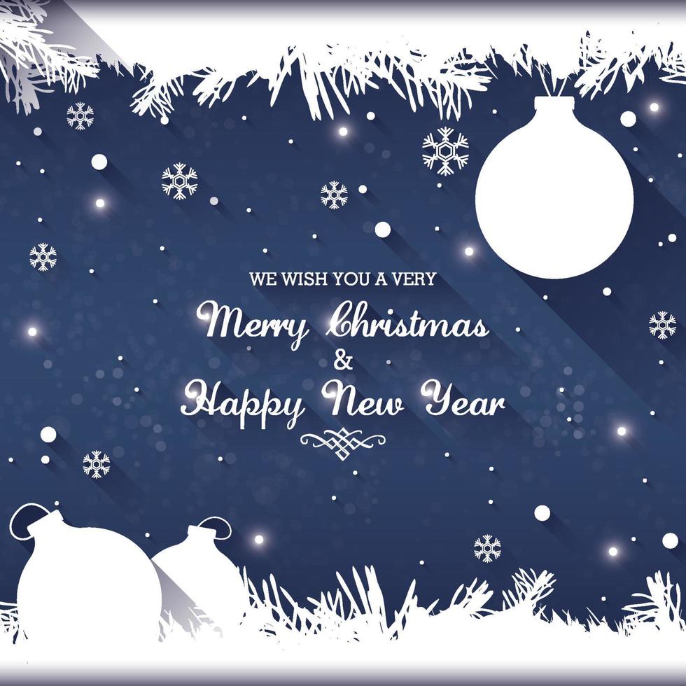 Feliz Navidad y feliz año nuevo diseño de tarjeta de felicitación con copos de nieve cortados en papel en capas blancas sobre fondo azul oscuro. banner de arte de papel de vacaciones de temporada, cartel vector
