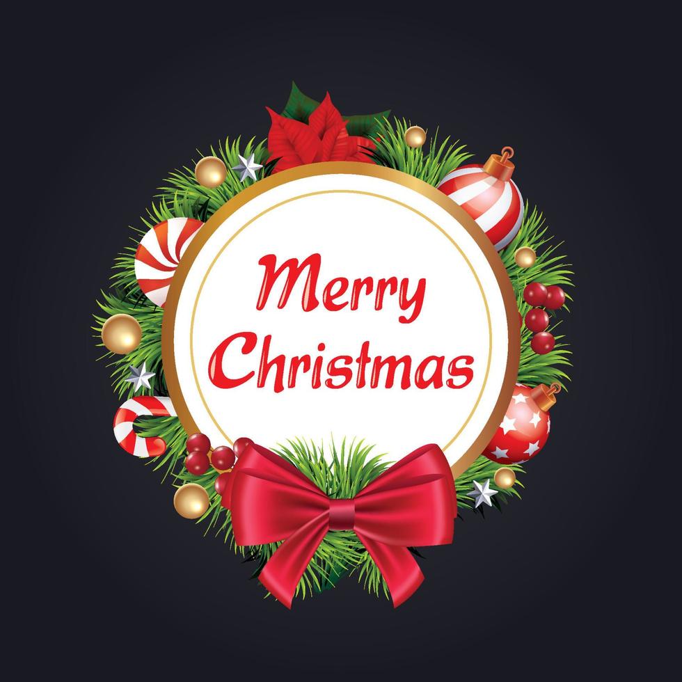 Christmas wreath with red bow and ribbon. Decorated wreath of pine branches realistic look, with berries, star and pearl decorations vector