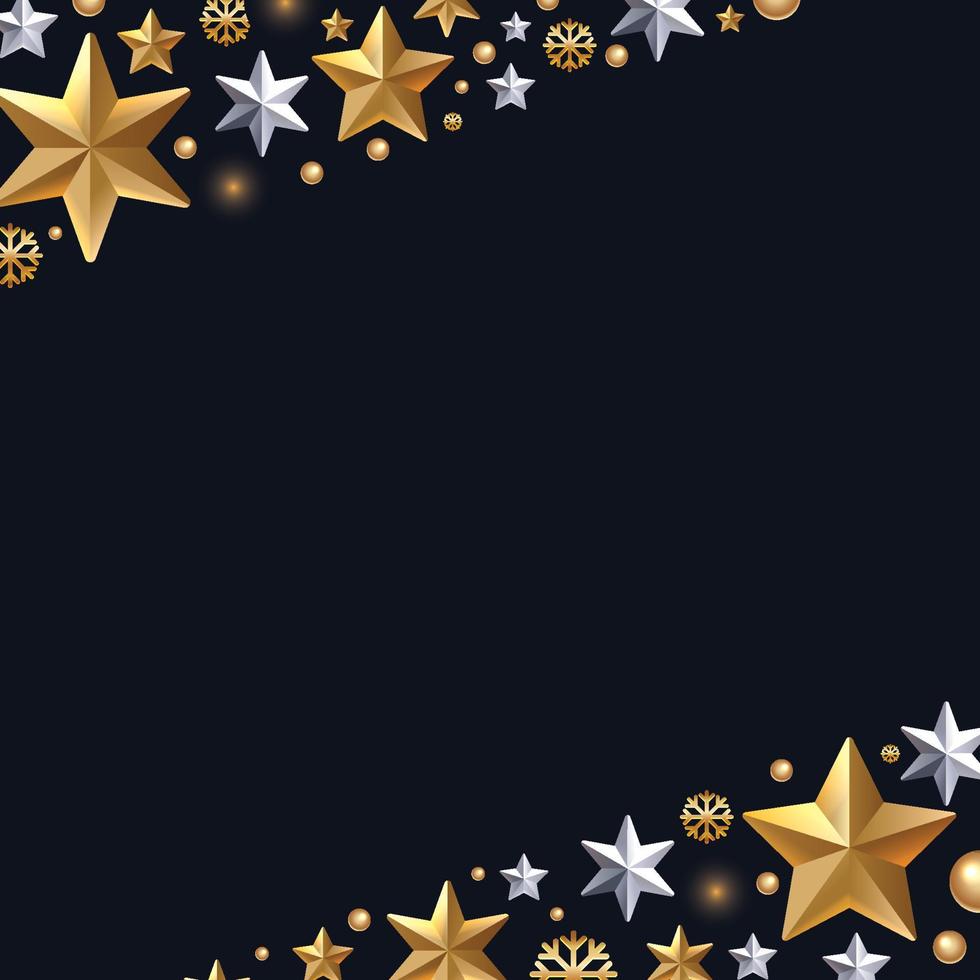 Christmas and New Year Greeting Card with Decorative Border made of Gold and White Stars, Silver Snowflakes, Sparkling Beads and Glitter. vector