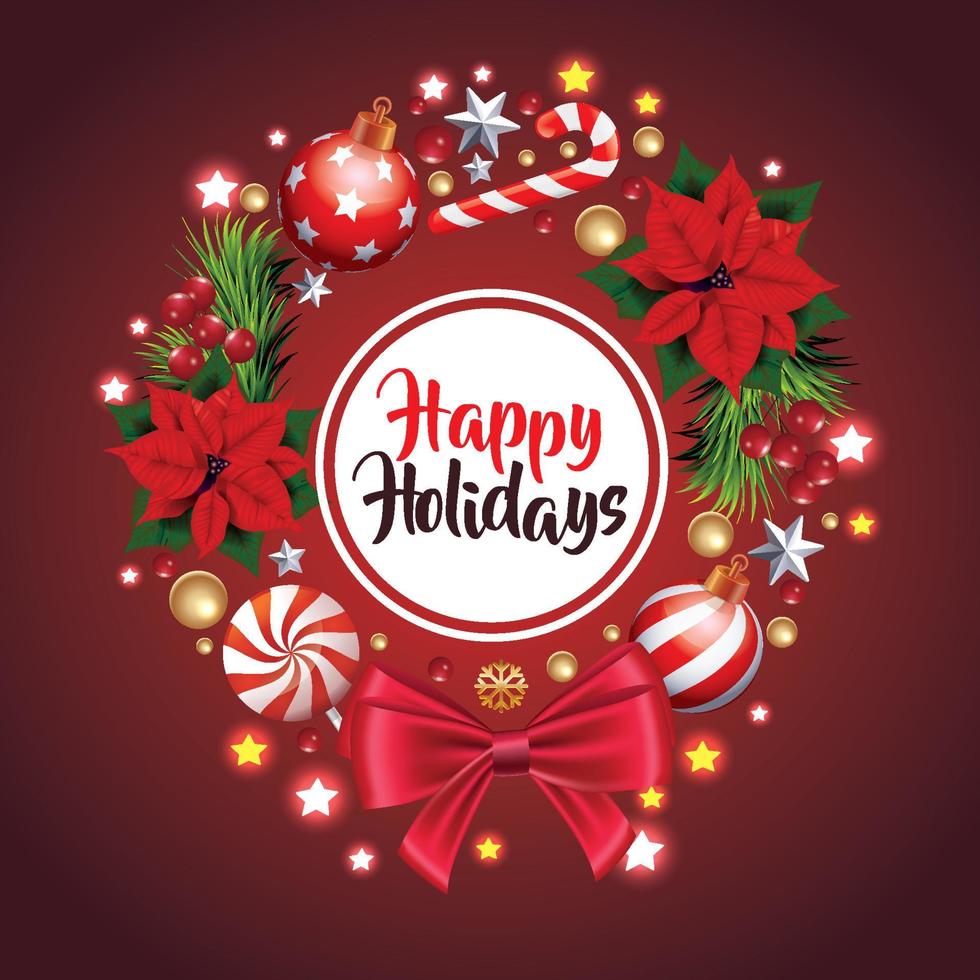 Holiday Christmas wreath with red bow and ribbon. Decorated wreath of pine branches realistic look, with berries, star and pearl decorations vector