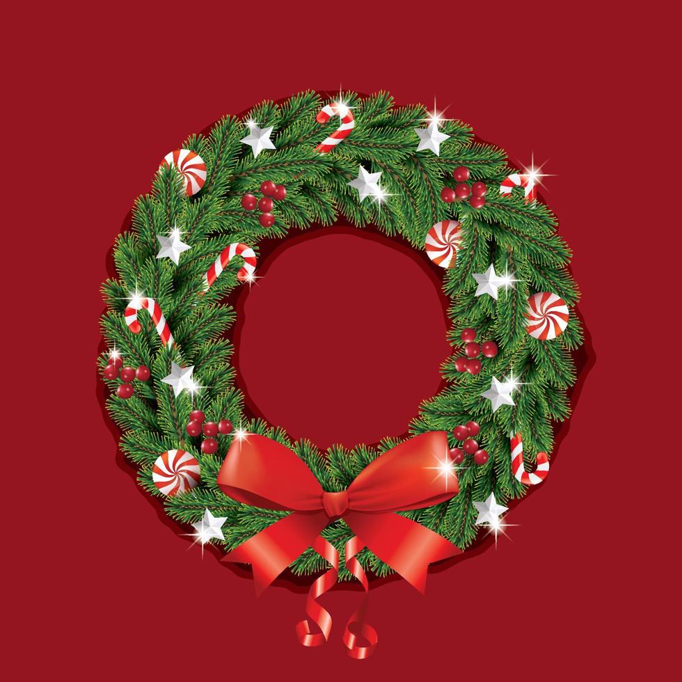 Christmas wreath with red bow and ribbon. Decorated wreath of pine branches realistic look, with berries, star and pearl decorations vector
