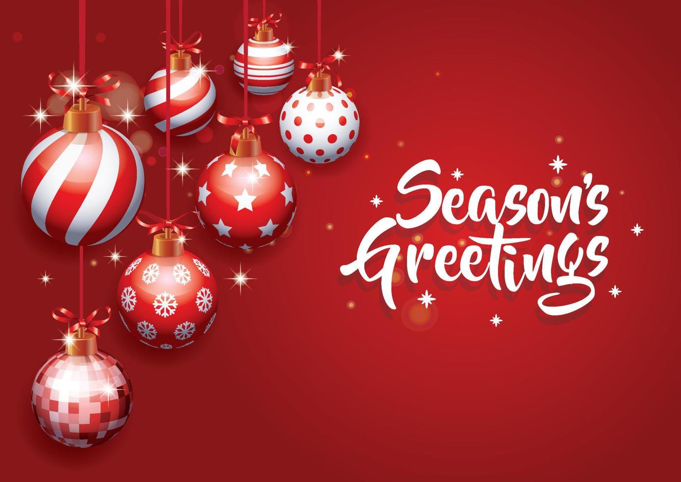 Seasons greetings Realistic different Christmas ball ornaments on red background vector