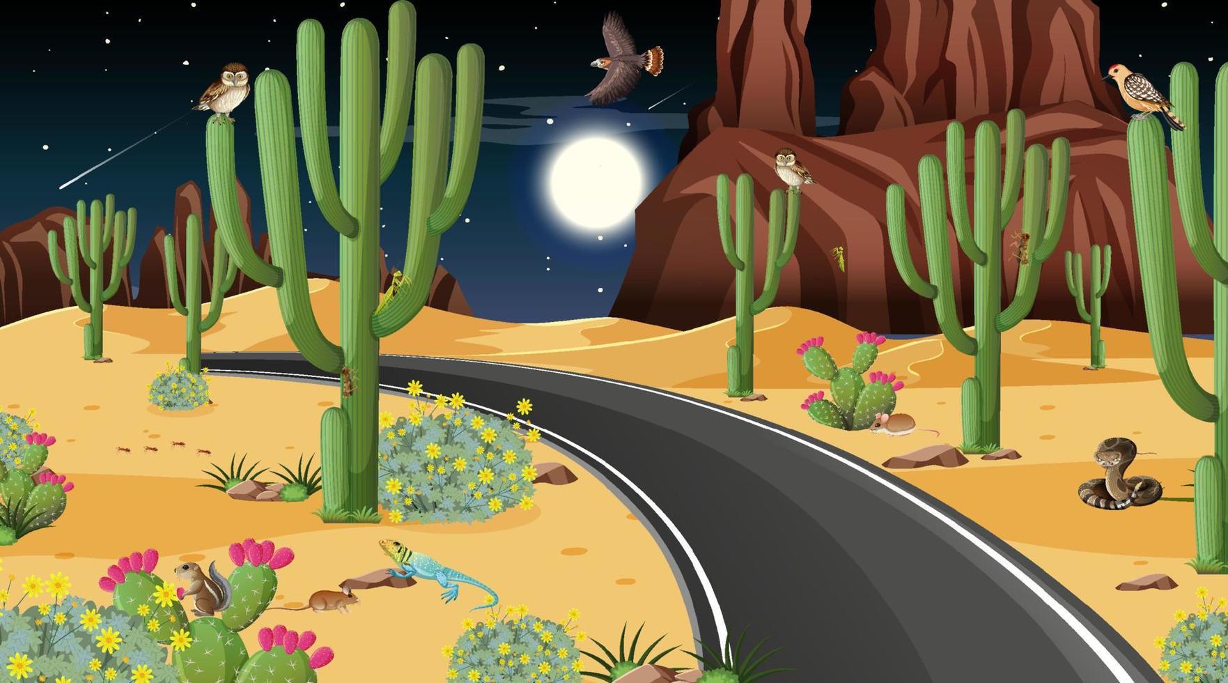 Camino a través de la escena del paisaje del bosque del desierto con animales del desierto vector