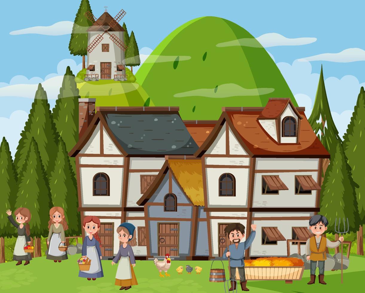 Medieval town scene with villagers vector