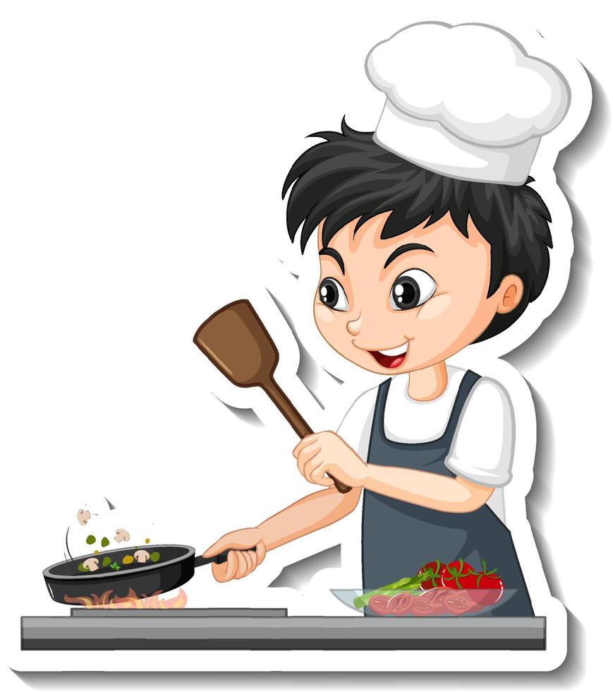 Diseño de etiqueta con niño chef cocinando comida personaje de dibujos animados vector