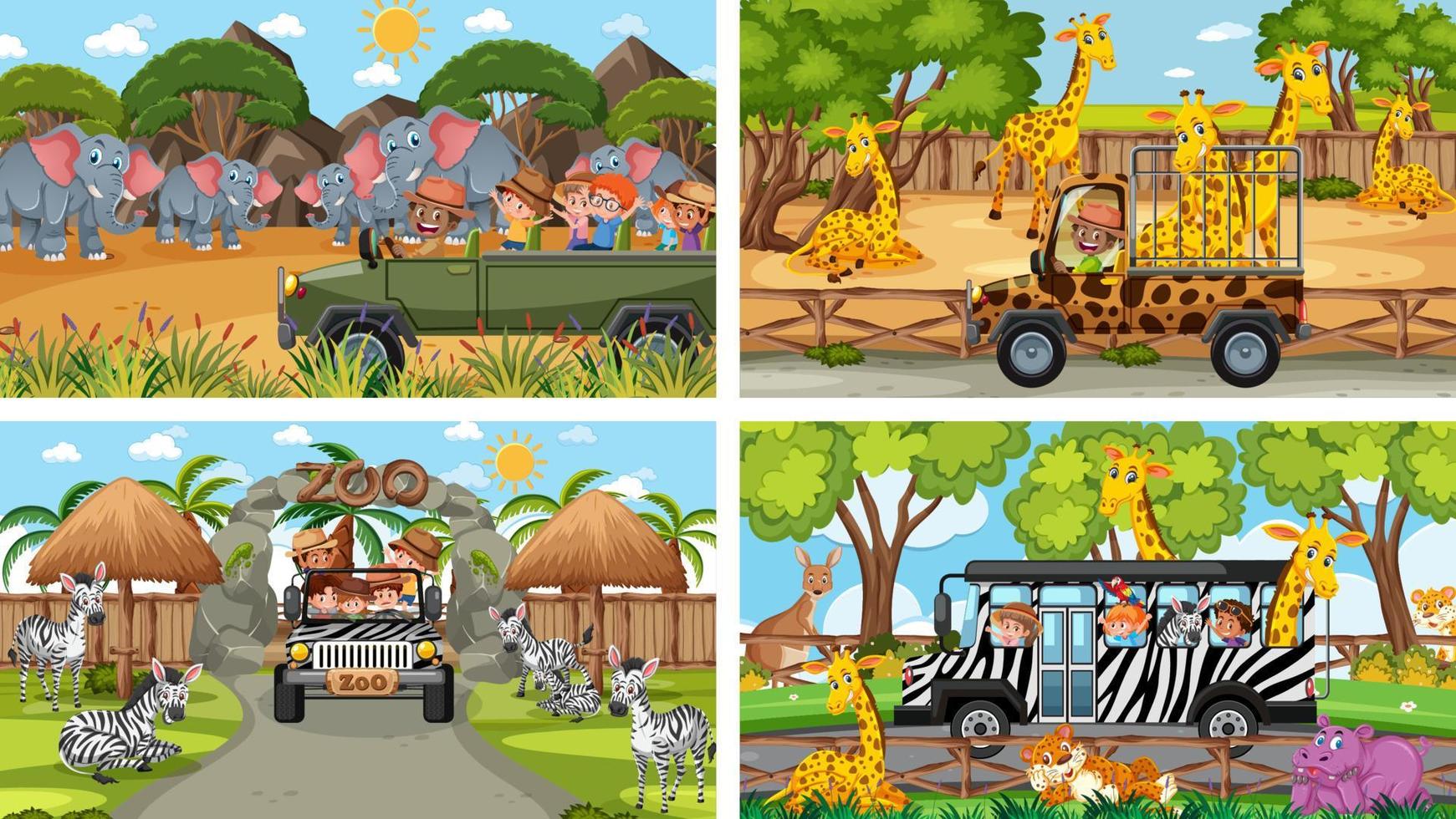 Four different zoo scenes with kids and animals vector