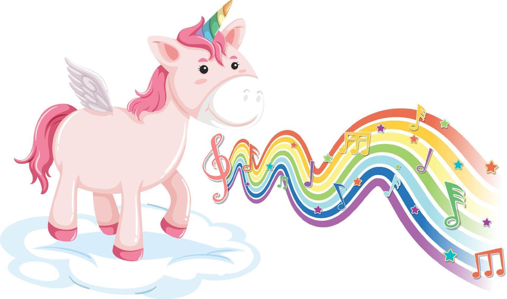 unicornio parado en la nube con símbolos de melodía en la onda del arco iris vector