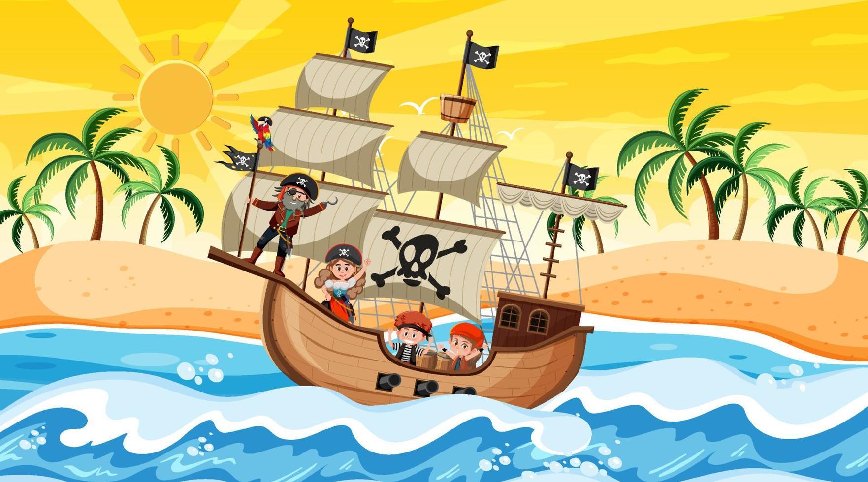 playa al atardecer escena con personaje de dibujos animados de niños piratas en el barco vector
