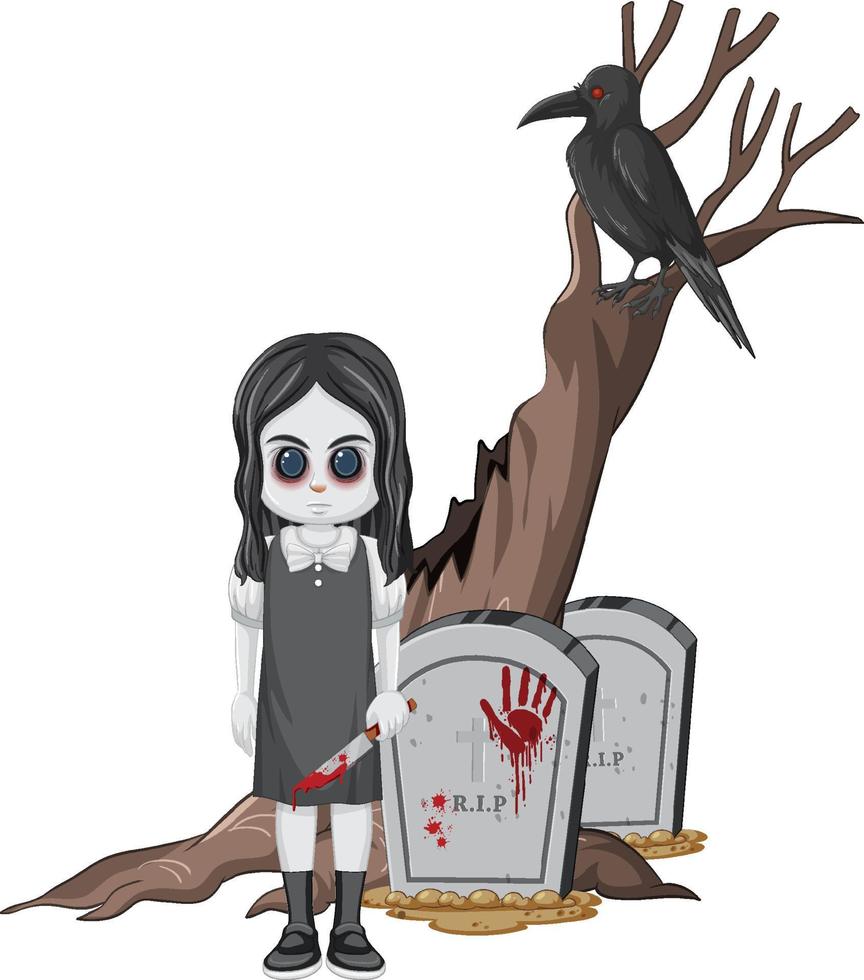 Little ghost girl with gravestone and crow vector