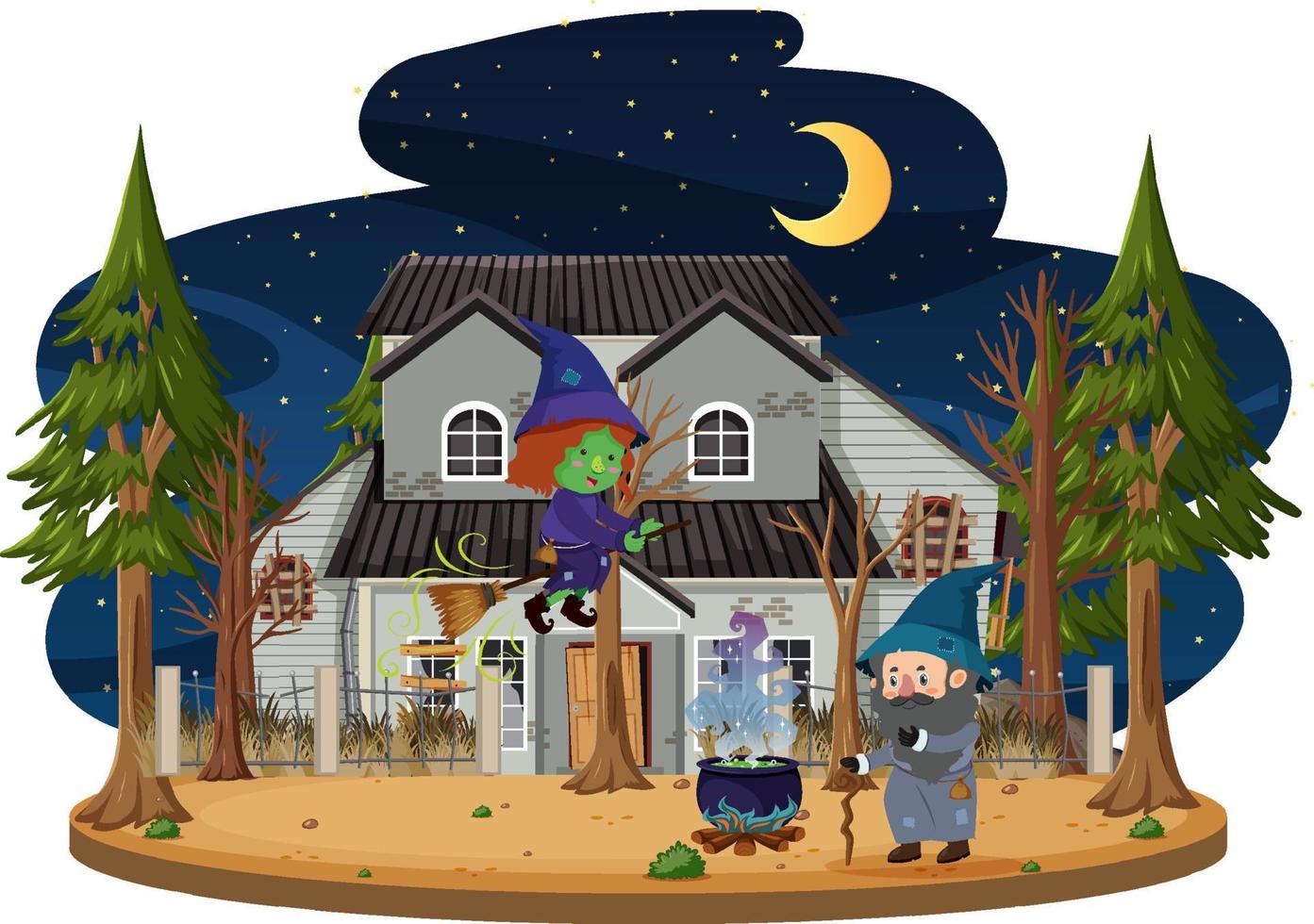 Witch and wizard at the old house vector