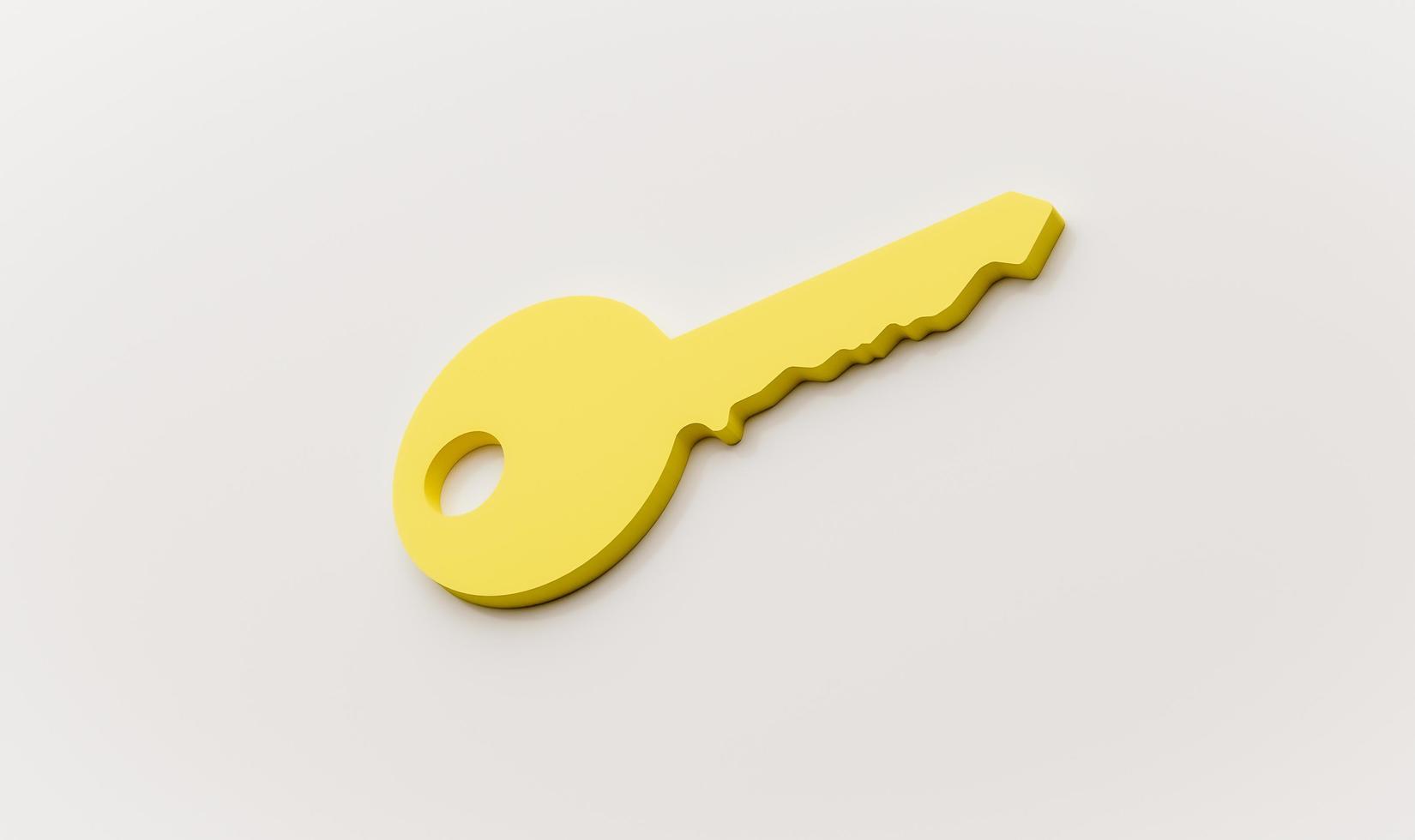 una imagen aislada muy simple de una llave de oro para un apartamento o casa en un fondo blanco, representación 3d. foto