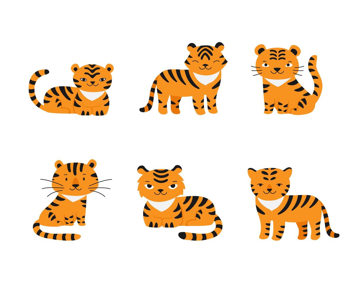 Set of diverse cute little tiger characters. Vector flat style.