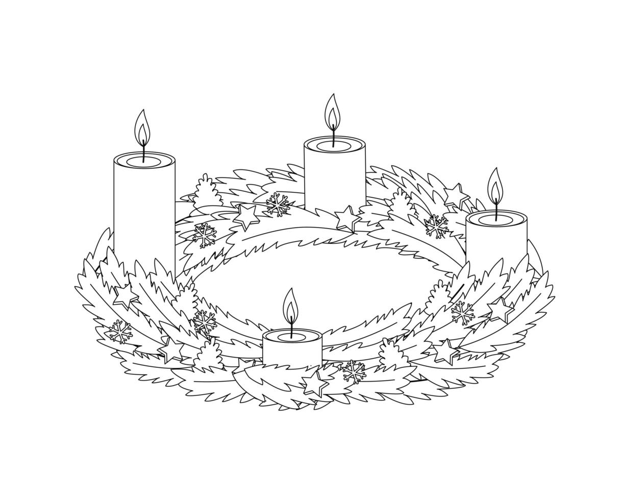 Advent wreath with four burning yellow candles and decor outline vector