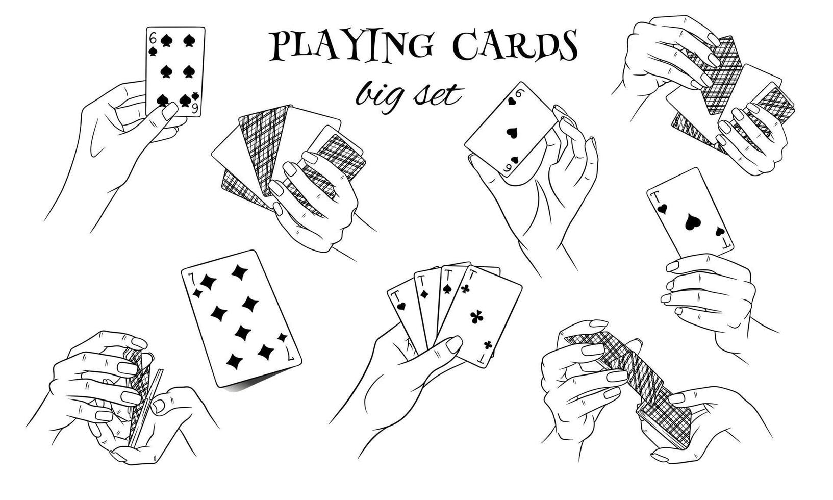 Gambling. Playing cards in hand. Casino, fortune, luck. Big set. Line style. vector