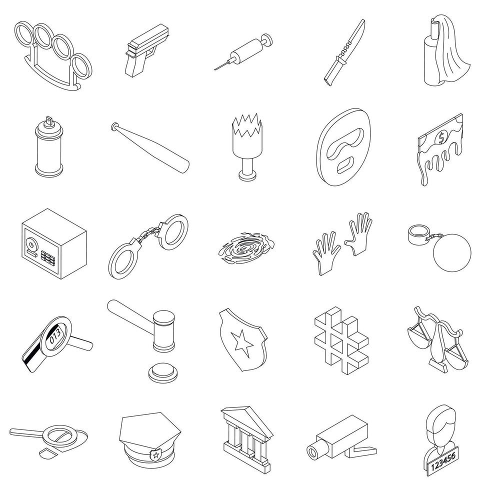 Crime icons set, isometric 3d style vector