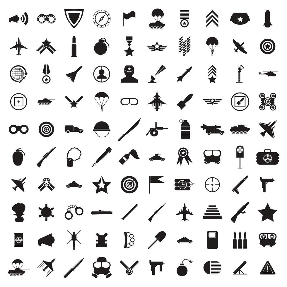 Conjunto de 100 iconos militares, estilo simple vector