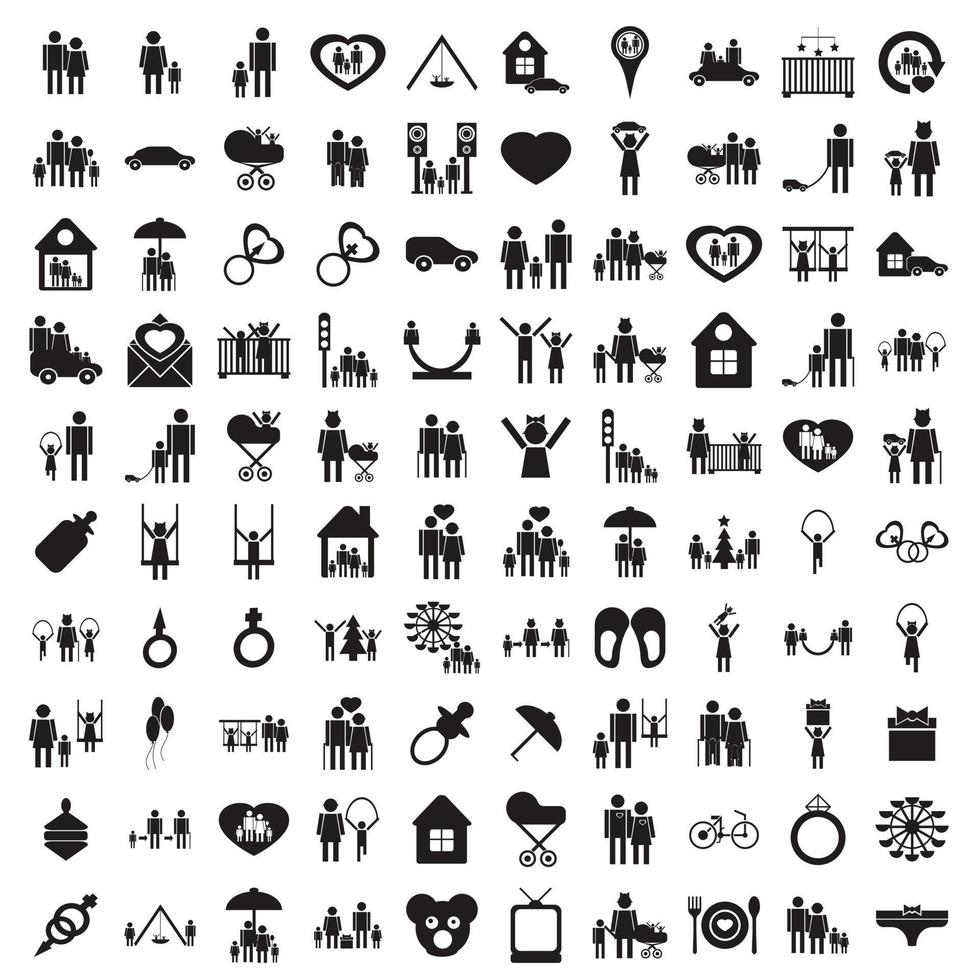 Conjunto de 100 iconos familiares, estilo simple vector