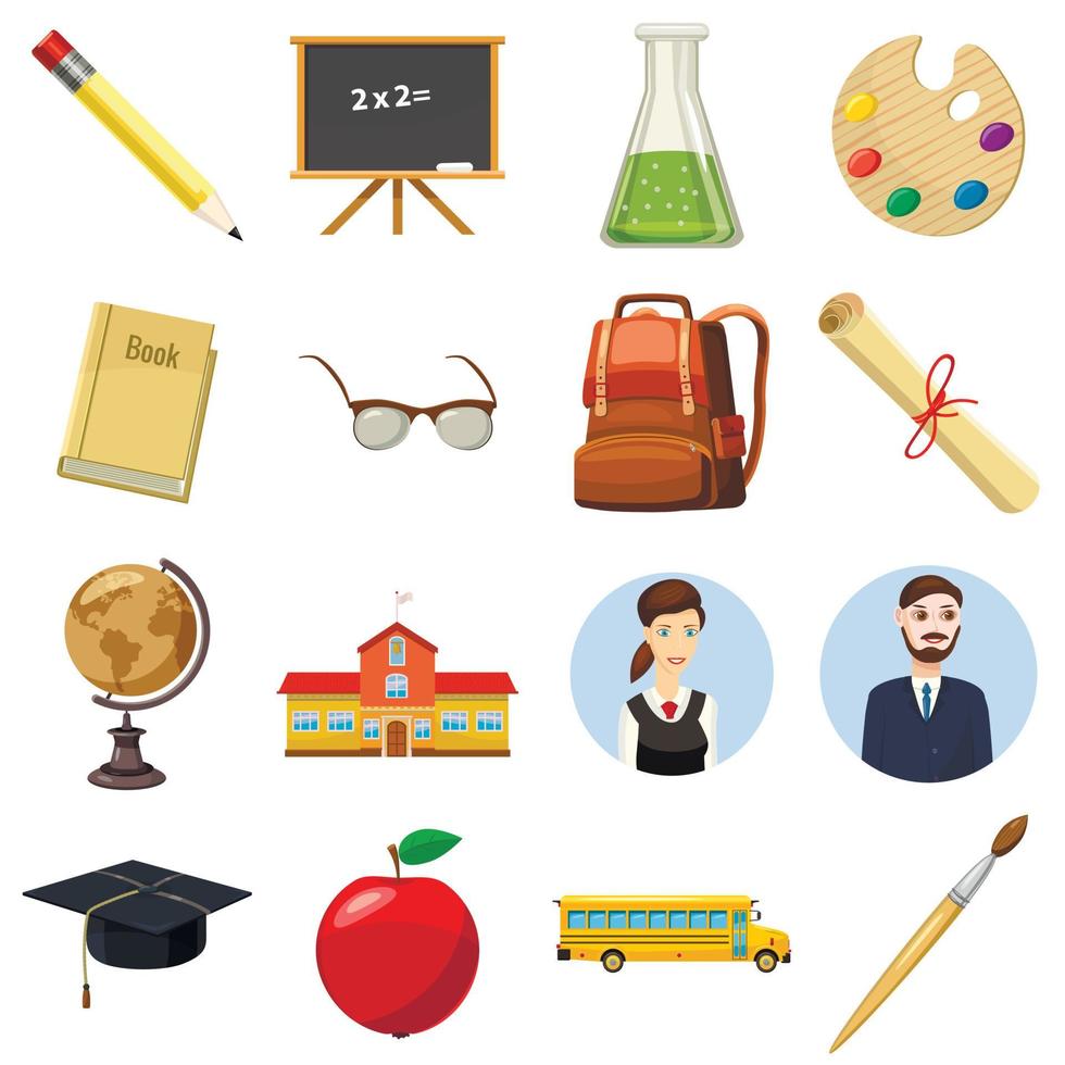 School icons set, cartoon style vector