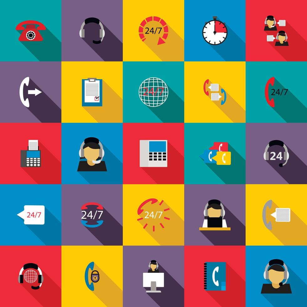 Support service 24 hours icons set, flat style vector