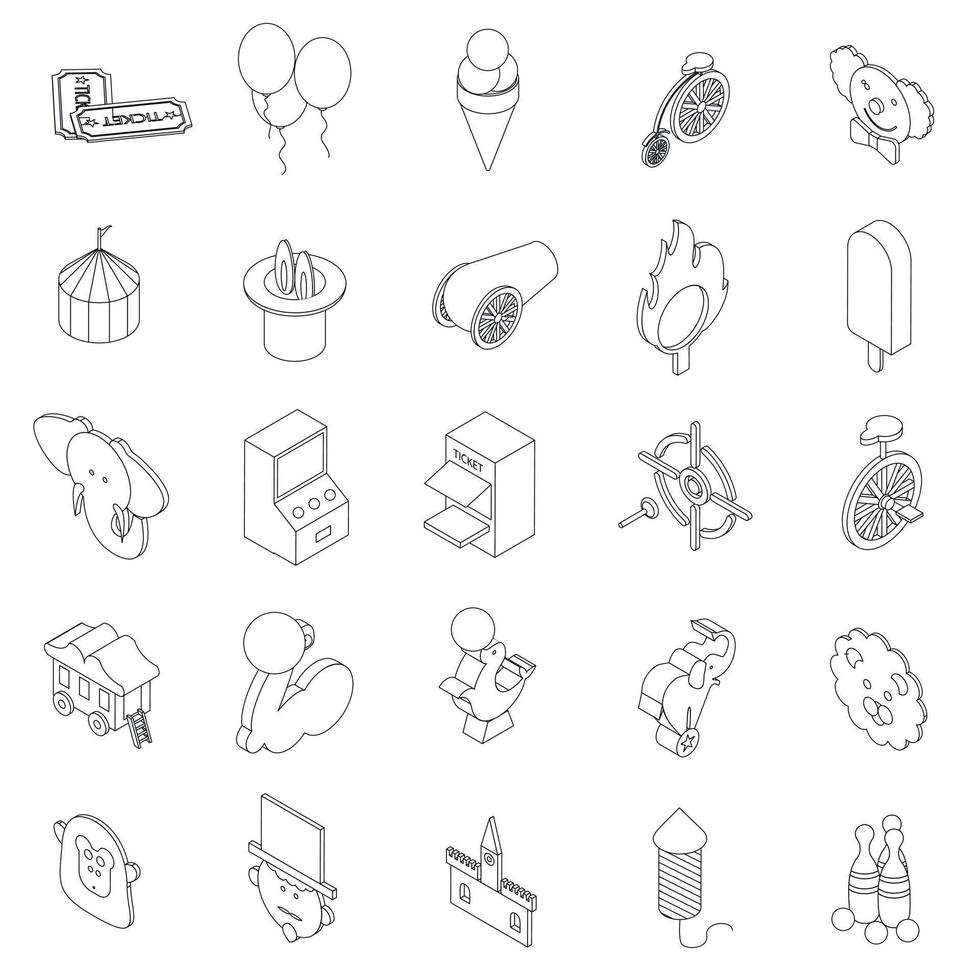 Amusement park icons set, isometric 3d style vector