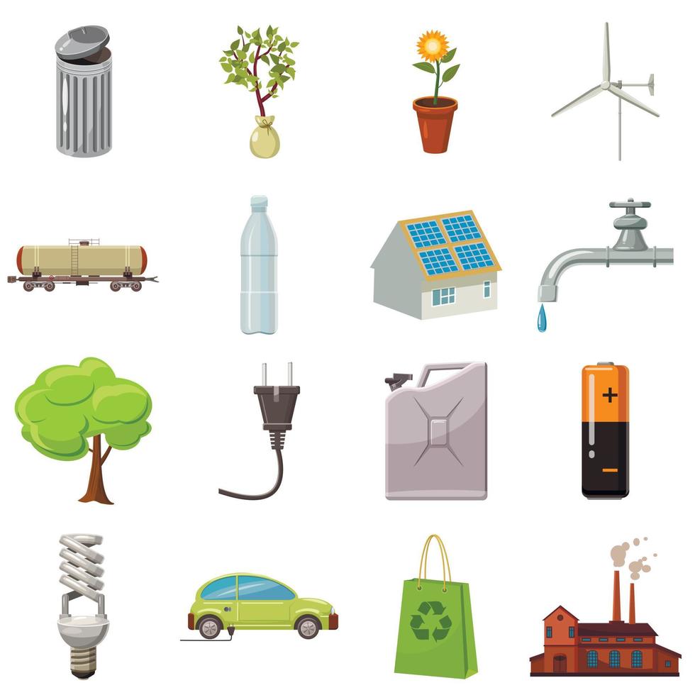 Ecology icons set, cartoon style vector