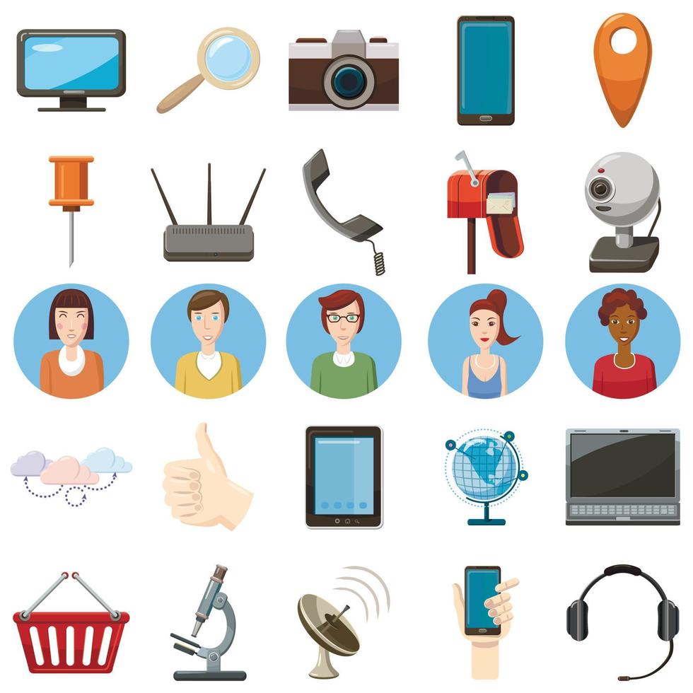 Office equipment icons set, cartoon style vector