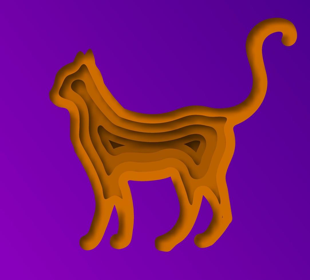 Paper cut orange cat silhouette on violet background. vector