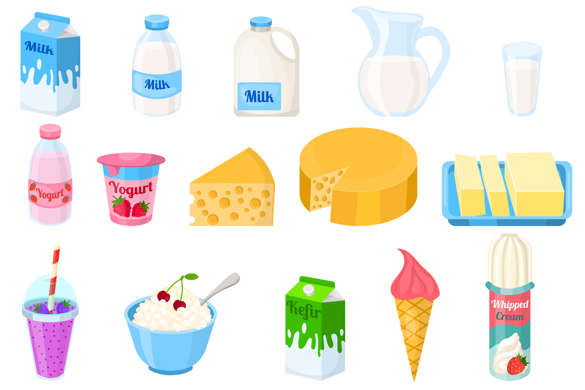 Cute cartoon dairy products set in flat style isolated on white background.  Milk and kefir, yogurt and cottage cheese. 3756235 Vector Art at Vecteezy
