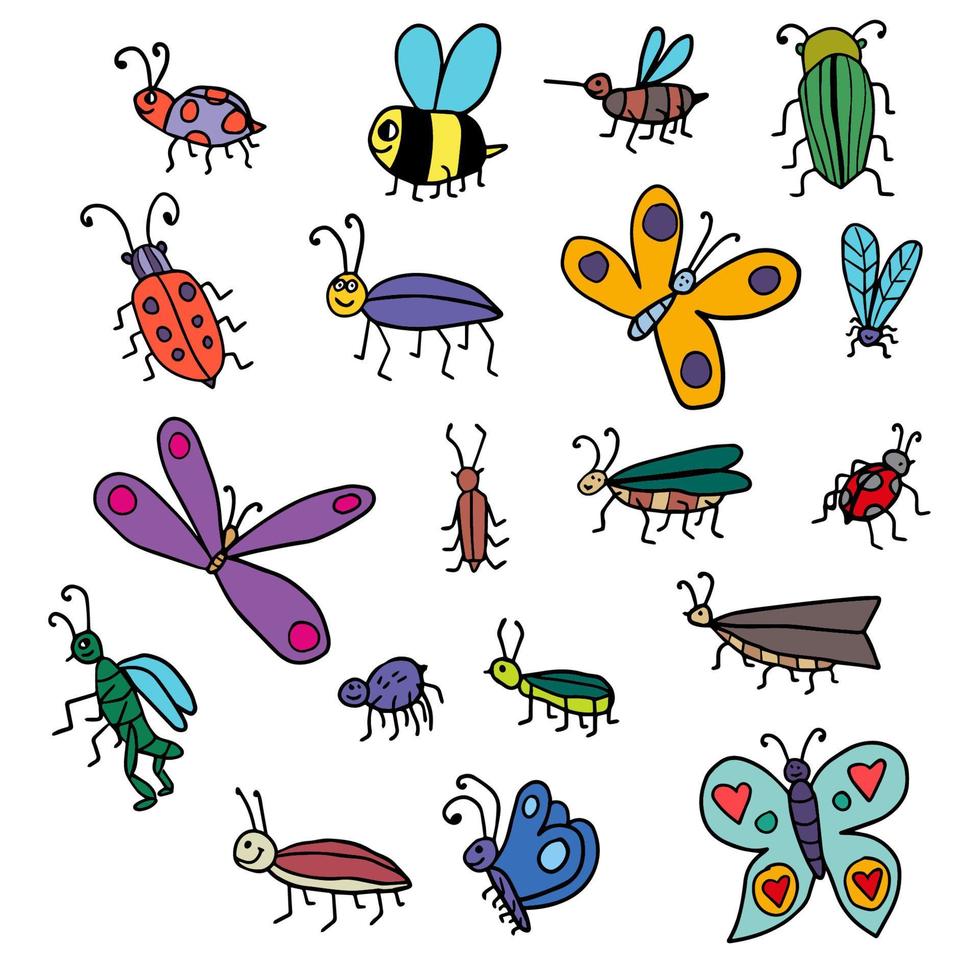 Cute dibujos animados doodle midge lineal, mosca, insecto, mariposa, abeja conjunto aislado sobre fondo blanco. colección de insectos. vector