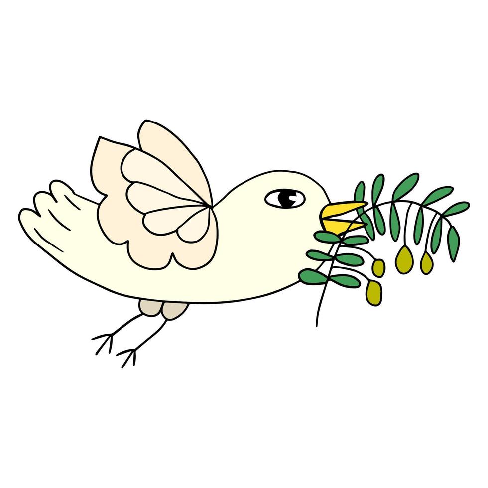 Cartoon doodle flying dove bird, pigeon with olive branch isolated on white background. Peace symbol. vector