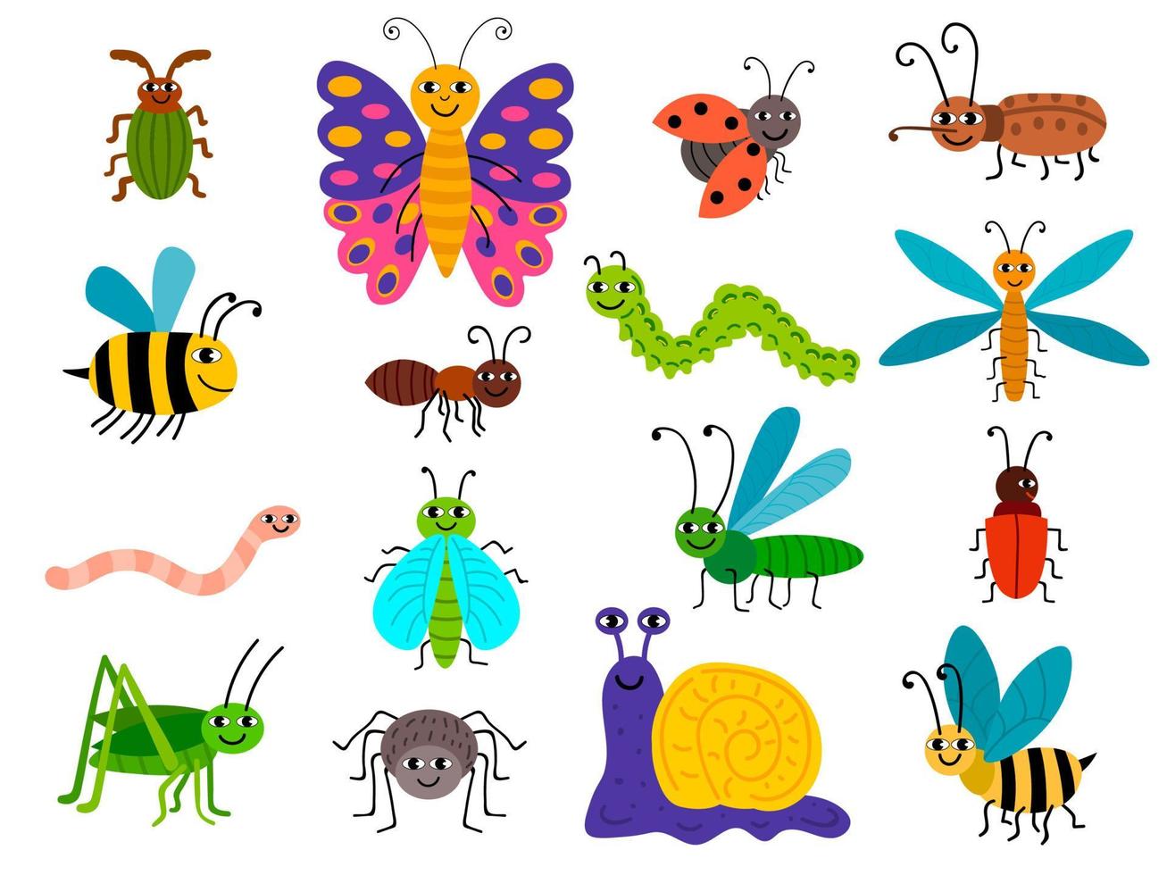 Cute different insects set in childlike flat style. Bugs, caterpillar, worm, snail, butterfly, bee, ant, ets. Summer animals collection isolated on white background. vector