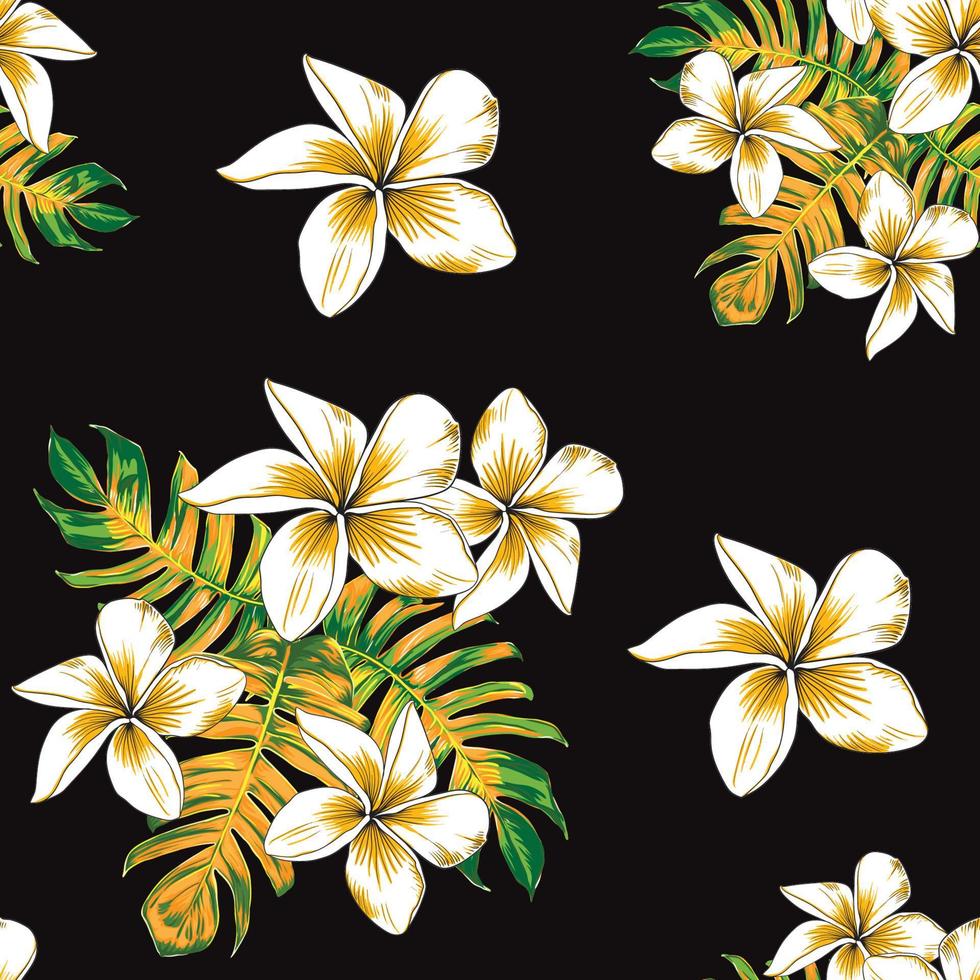 seamless, patrón, floral, frangipani, flores, y, monstera, hoja, extracto, fondo., vector, ilustración, acuarela, mano, drawning., tela, diseño de moda vector