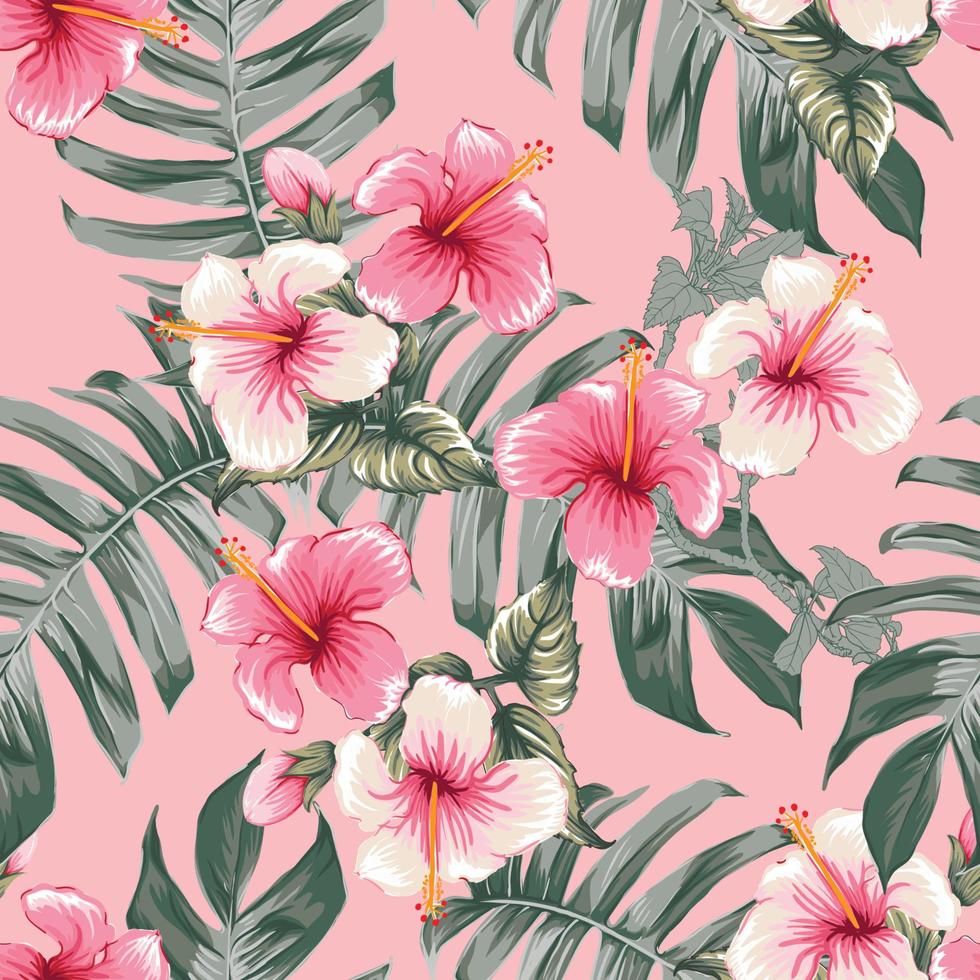 Seamless floral pattern pink Hibiscus flowers on isolated dark pink pastel background.Vector illustration watercolor hand drawning.For fabric print design texture vector