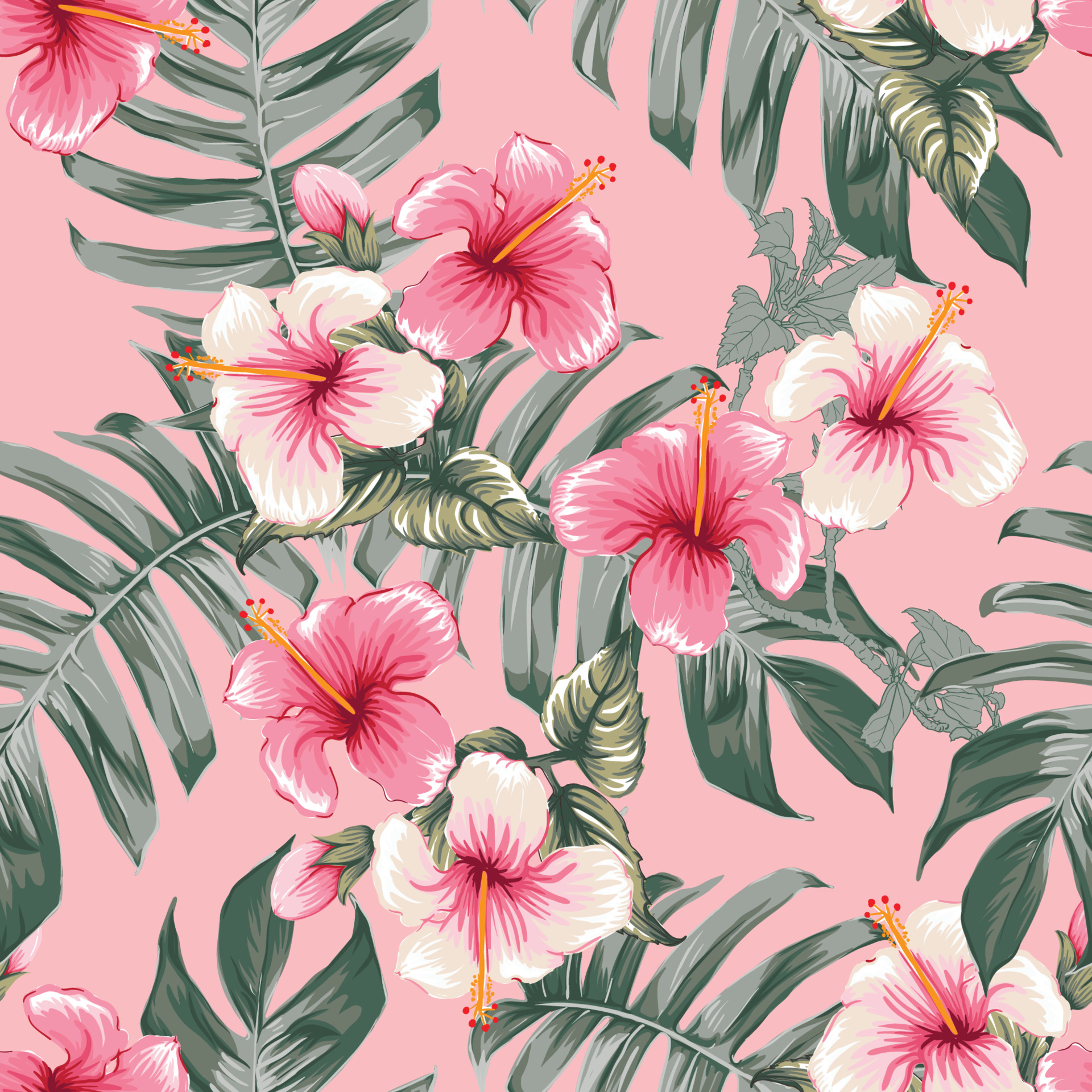 seamless-floral-pattern-pink-hibiscus-flowers-on-isolated-dark-pink-pastel-background-vector
